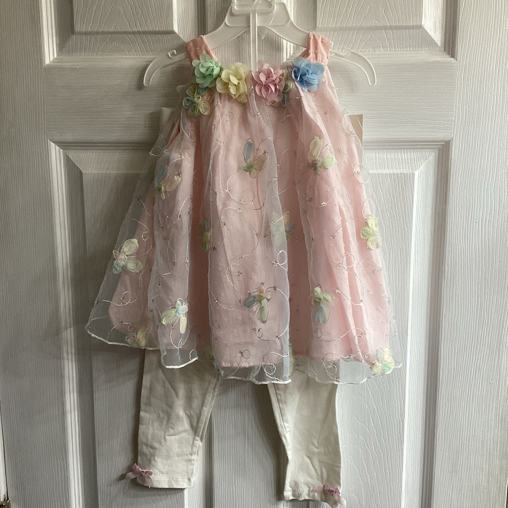 NWT 2pc Rare Editions Pink Tulle Flower Top & Leggings Set 4T